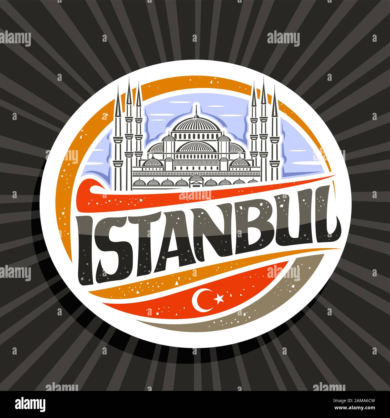 Vektorlogo für Istanbul, weißer dekorativer runder Tag mit Zeichenabbildung von Sultanahmet Camii auf Himmelshintergrund, touristischer Kühlschrankmagnet mit Bürsten s. Stock Vektor