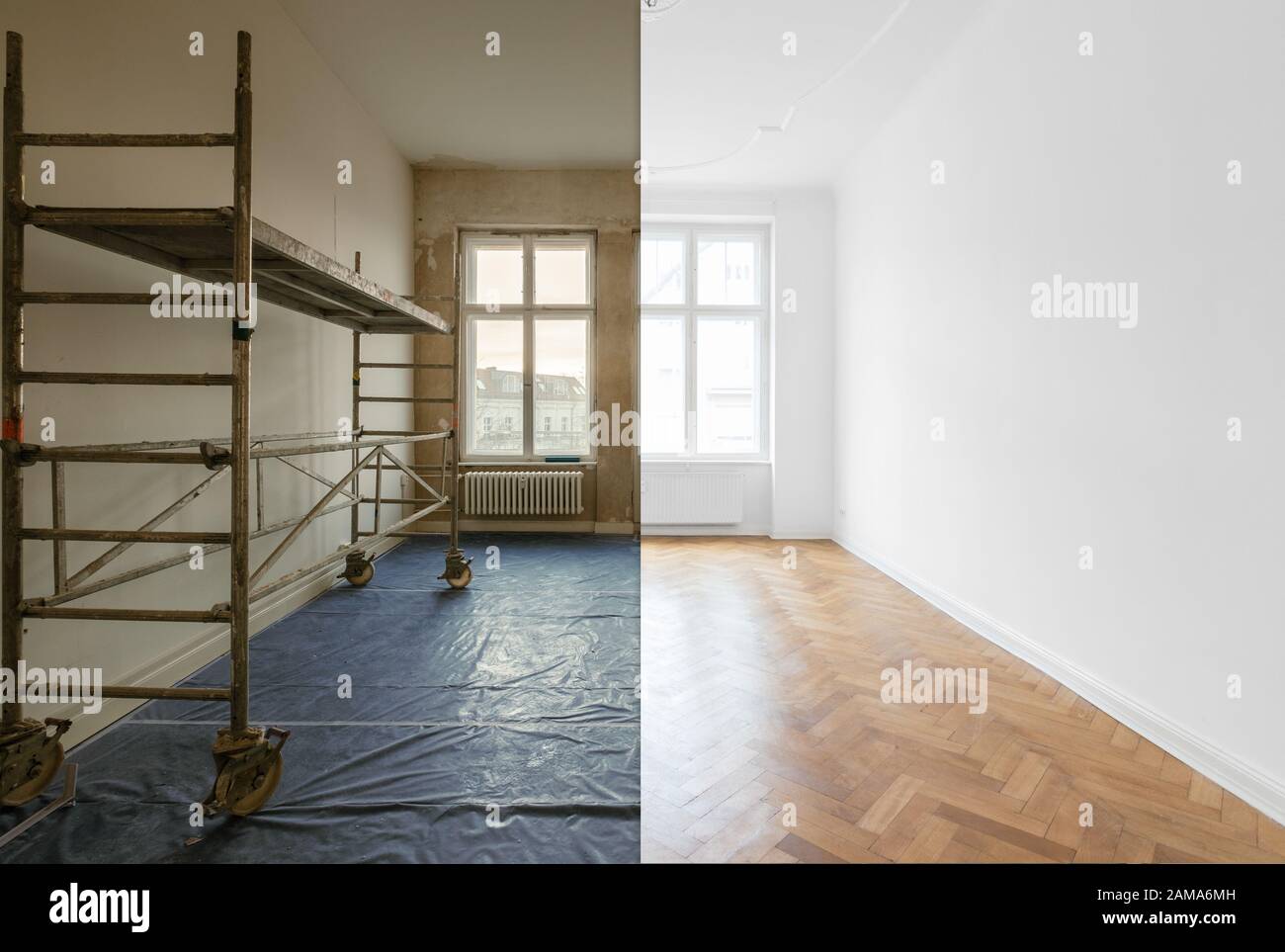 Renovierung des Wohnzimmers, vor und nach der Hausaufstellung Stockfoto