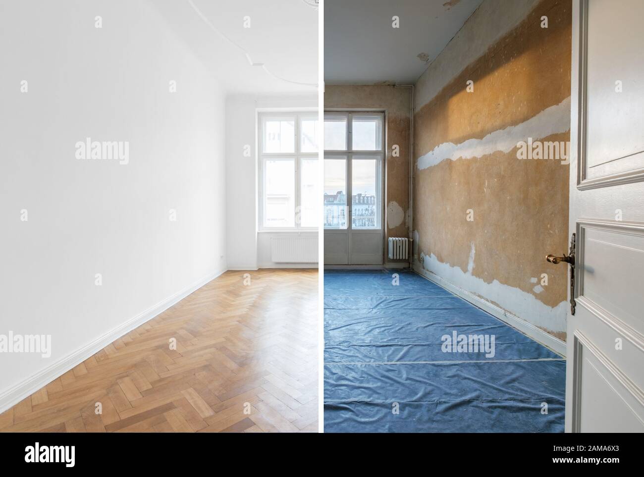 Leerer Raum vor und nach der Renovierung - Hausaufstellung Stockfoto