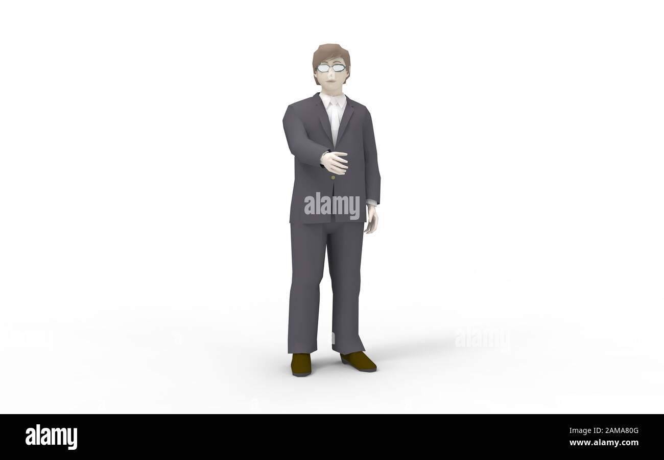 3D-Rendering eines Geschäftmanns, der die Hände isoliert im weißen Hintergrund schüttelt Stockfoto