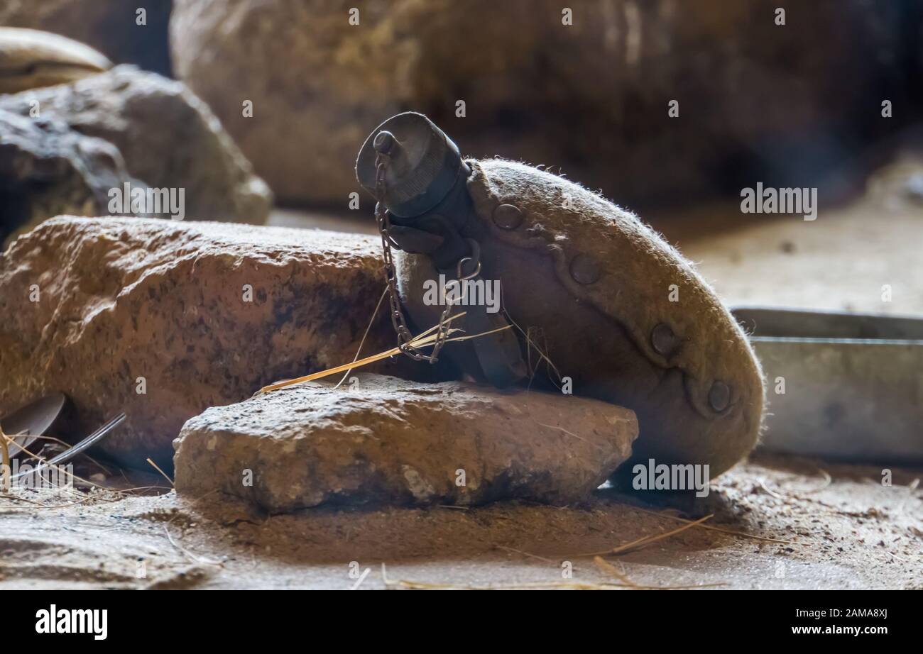 Vintage-Trinkflasche in einer Tasche, tragbare Wasserflasche, grundlegende Überlebensgeräte Stockfoto