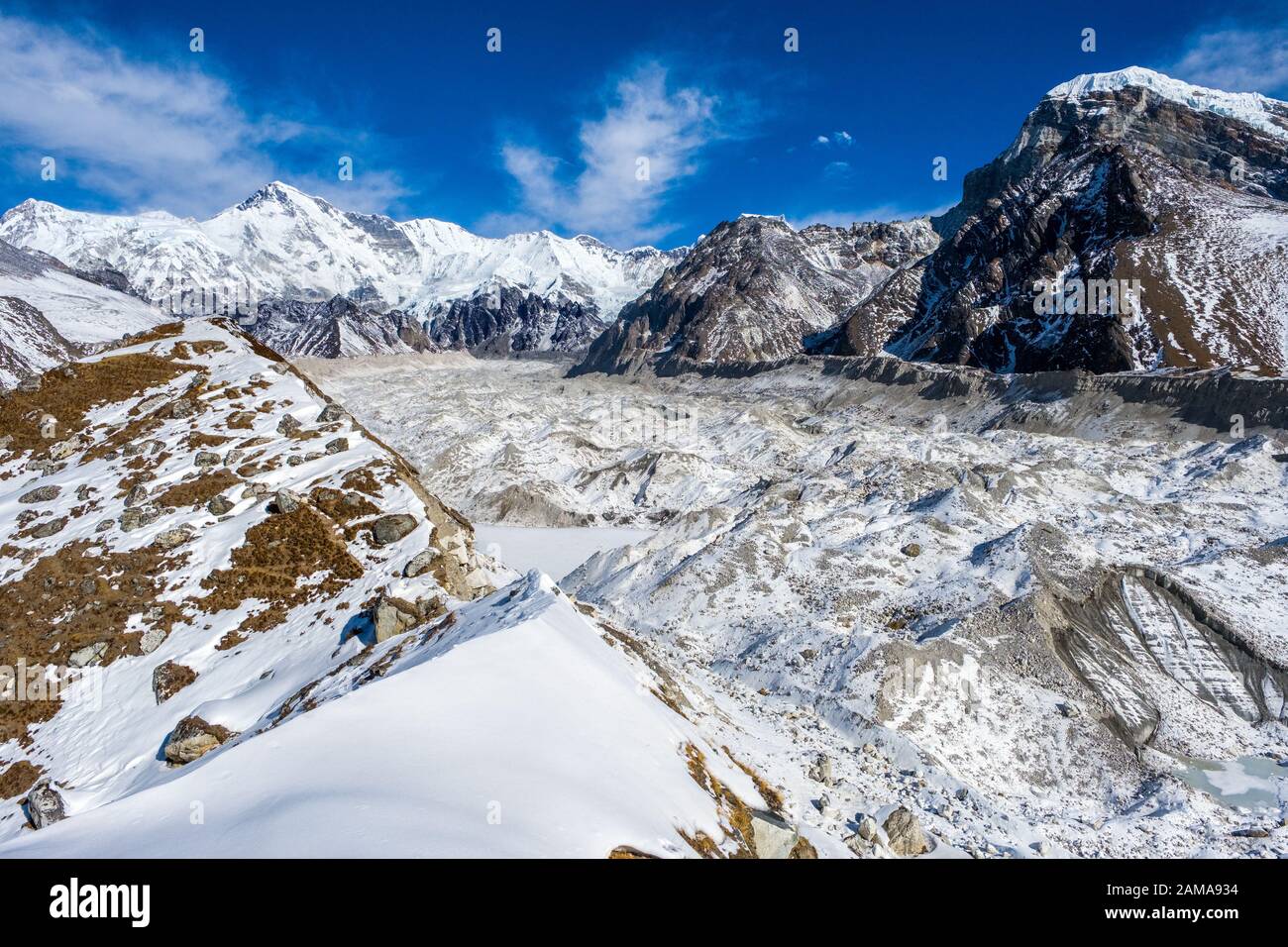 Ansicht des Ngozumba/Ngozumpa Gletscher in Richtung Cho Oyu Berg auf dem gokyo Trek in Nepal Himalaya Stockfoto
