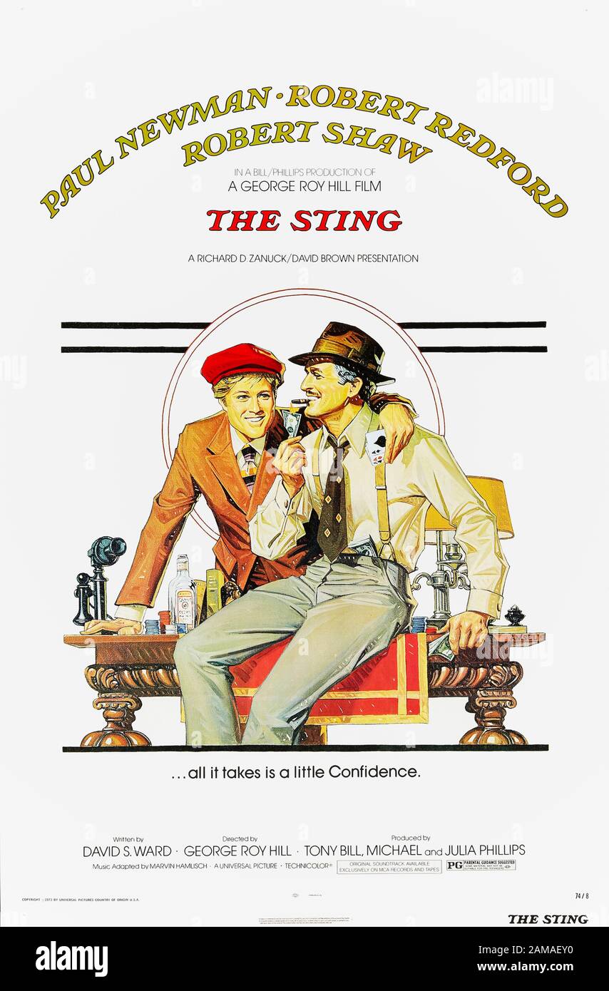 The Sting (1973) unter der Regie von George Roy Hill und mit Paul Newman, Robert Redford und Robert Shaw in den Hauptrollen. Oscar-prämierte Kriminelle kapiteln über zwei Grifters, die sich um einen Mob-Boss zusammenfinden. Stockfoto