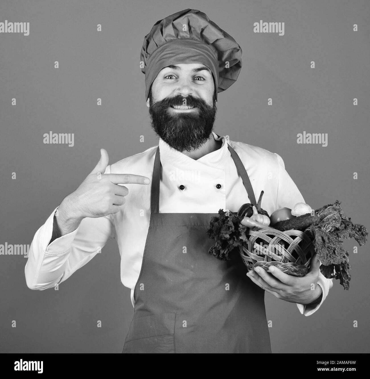 In weinroten Uniformpunkten bei Gemüse in Korbschüssel mit Lächeln kochen. Gesundes Kochkonzept. Der Küchenchef hält Salat, Tomate, Pfeffer und Pilze. Mann mit Bart auf blauem Hintergrund. Stockfoto