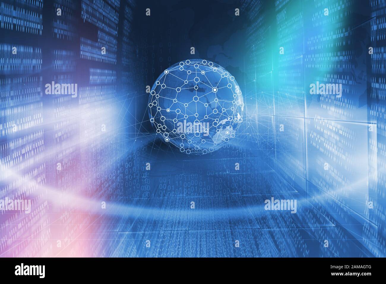 Verbindungslinien rund um den digitalen Erdball, Idee für sichere Konnektivität und Konzept für Internetkommunikation. Stockfoto