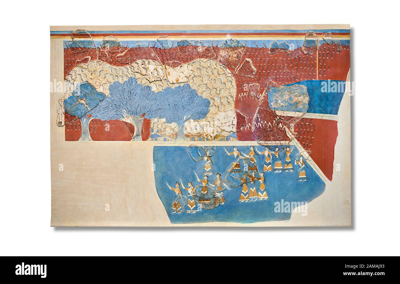 Minoan 'Sacred Grove and Dance Freco', Wandkunst aus dem Knossos Palace, 1600-1450 v. Chr. Archäologisches Museum Heraklion. Weißer Hintergrund. Dieses Neopala Stockfoto