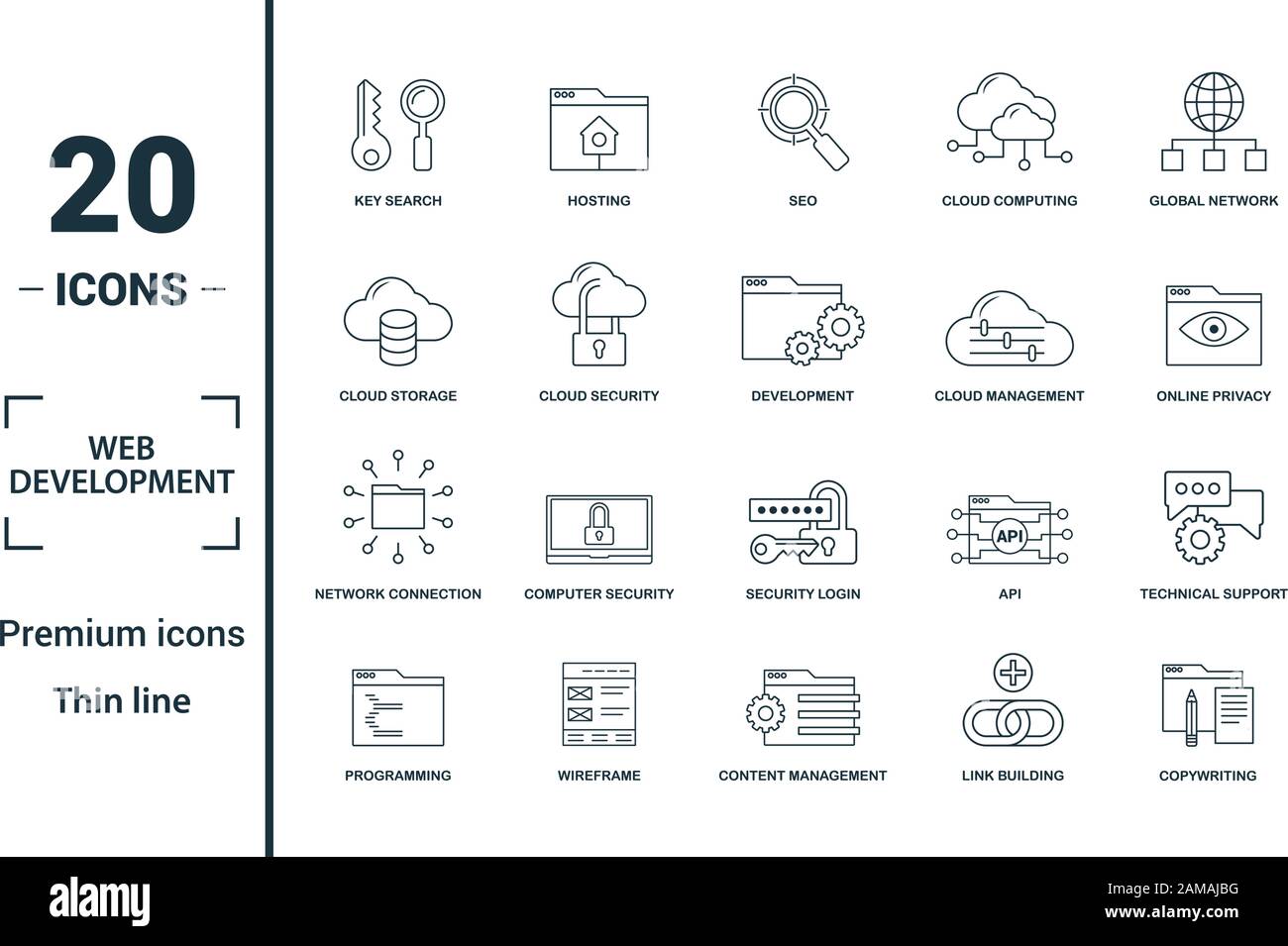 Web Development Icon Set. Kreative Elemente Suche, seo, Cloud Storage, Cloud Management, Netzwerkverbindung Symbole enthalten. Kann für den Bericht verwendet werden. Stock Vektor