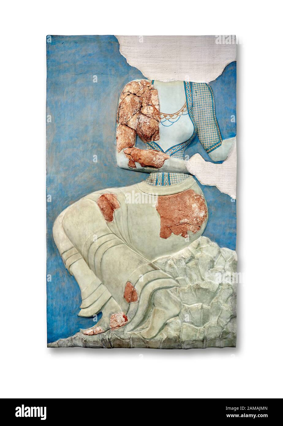 Minoischer Wandkunstfresko mit einer weiblichen Figur, Neopalatizeit, C.1450 v. Chr. Psira, Crete. Archäologisches Museum Heraklion. Weißer Hintergrund. Stockfoto