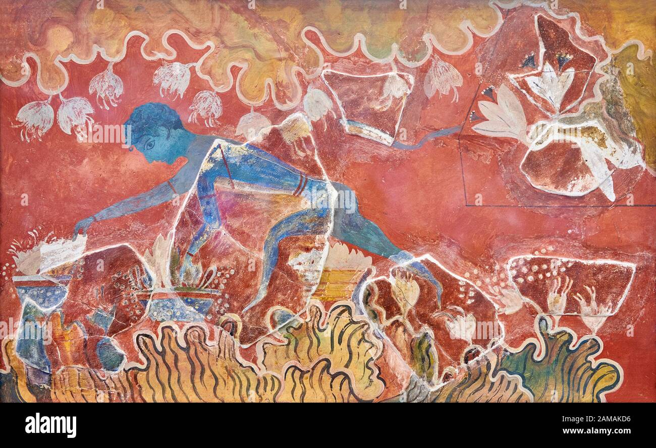 Das minoische Wandkunstfresko "Blue Boy" oder "Saffron Gatherer" aus dem Knossos-Palast, 1600-1300 v. Chr. Archäologisches Museum Heraklion. Stockfoto