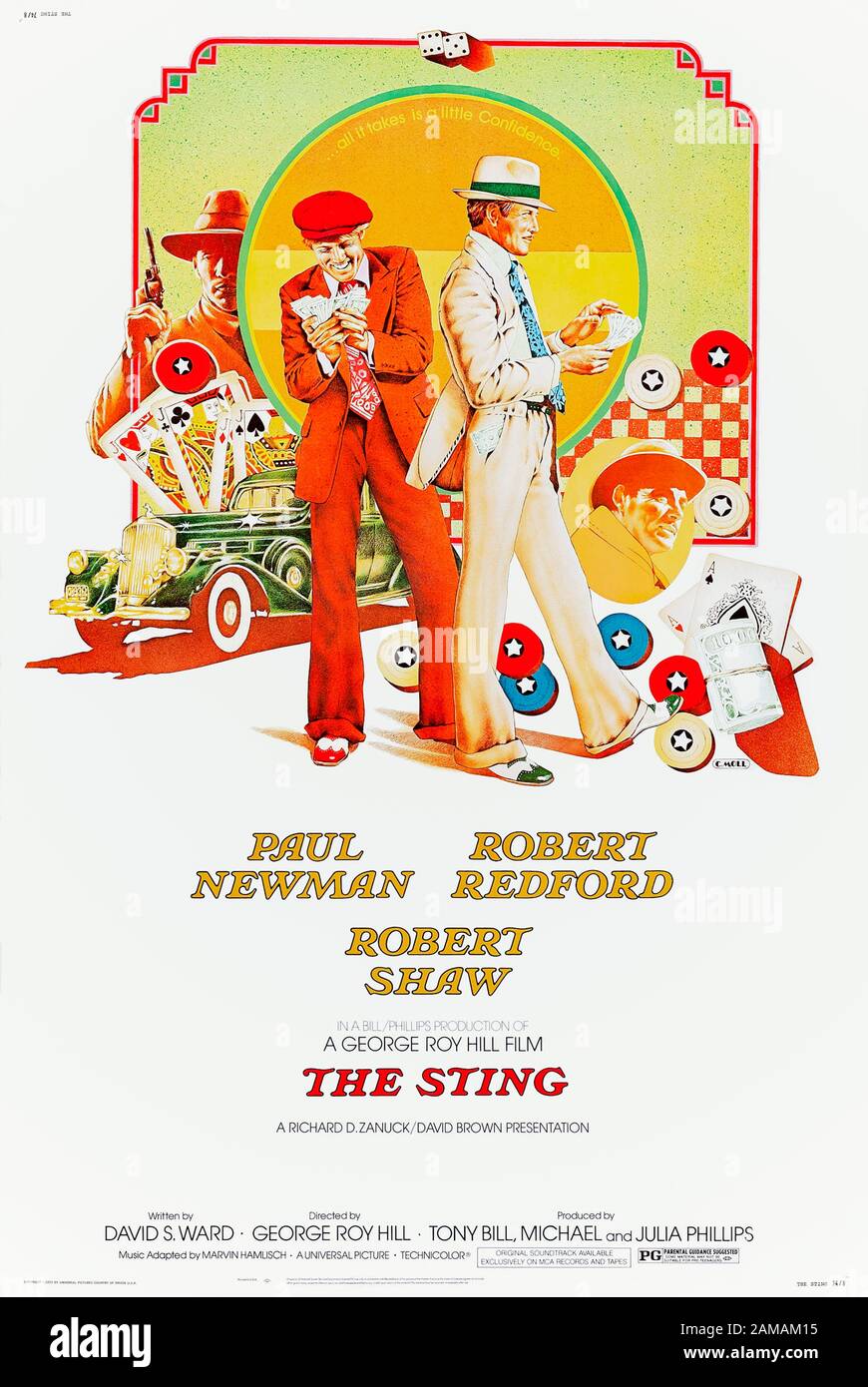 The Sting (1973) unter der Regie von George Roy Hill und mit Paul Newman, Robert Redford und Robert Shaw in den Hauptrollen. Verbrechen kapern um zwei Grifters, die sich zusammenfinden, um einen Mob-Boss zu betrügen. Stockfoto