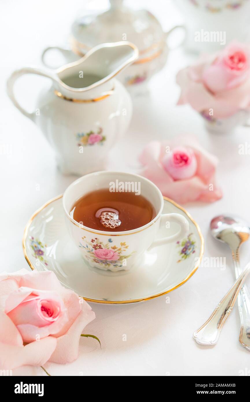 Ein Set aus feinem Porzellanteeset mit Blumenrosenmuster und Teetopf, Zuckertopf, Topf und Teetasse. Stockfoto