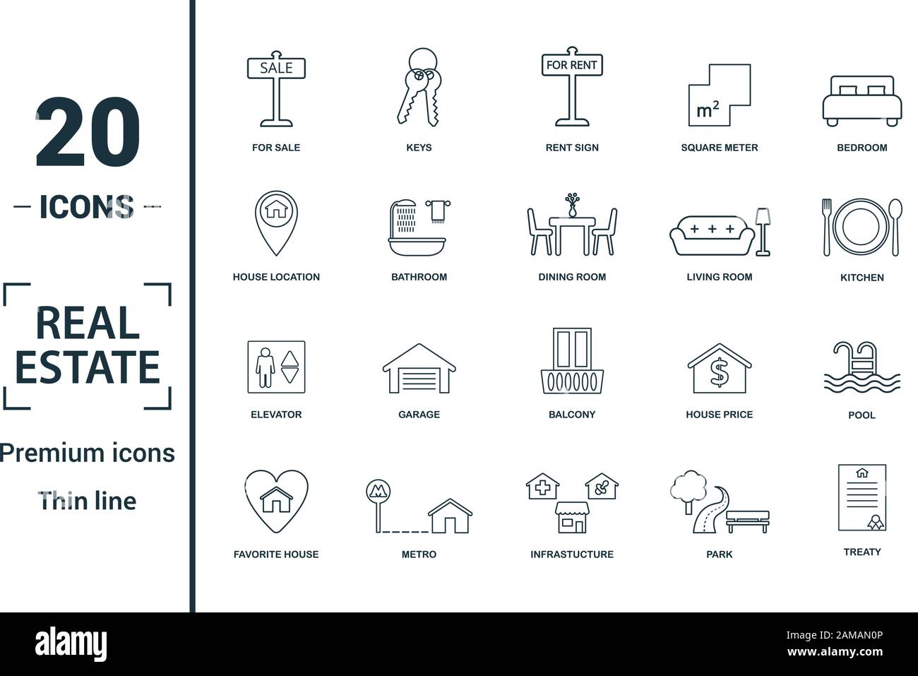 Immobilien Icon Set. Kreative Elemente für Verkauf, Mieten, Zeichen, Haus Lage, Wohnzimmer, Aufzug Symbole. Kann für den Bericht verwendet, Präsentation. Stock Vektor