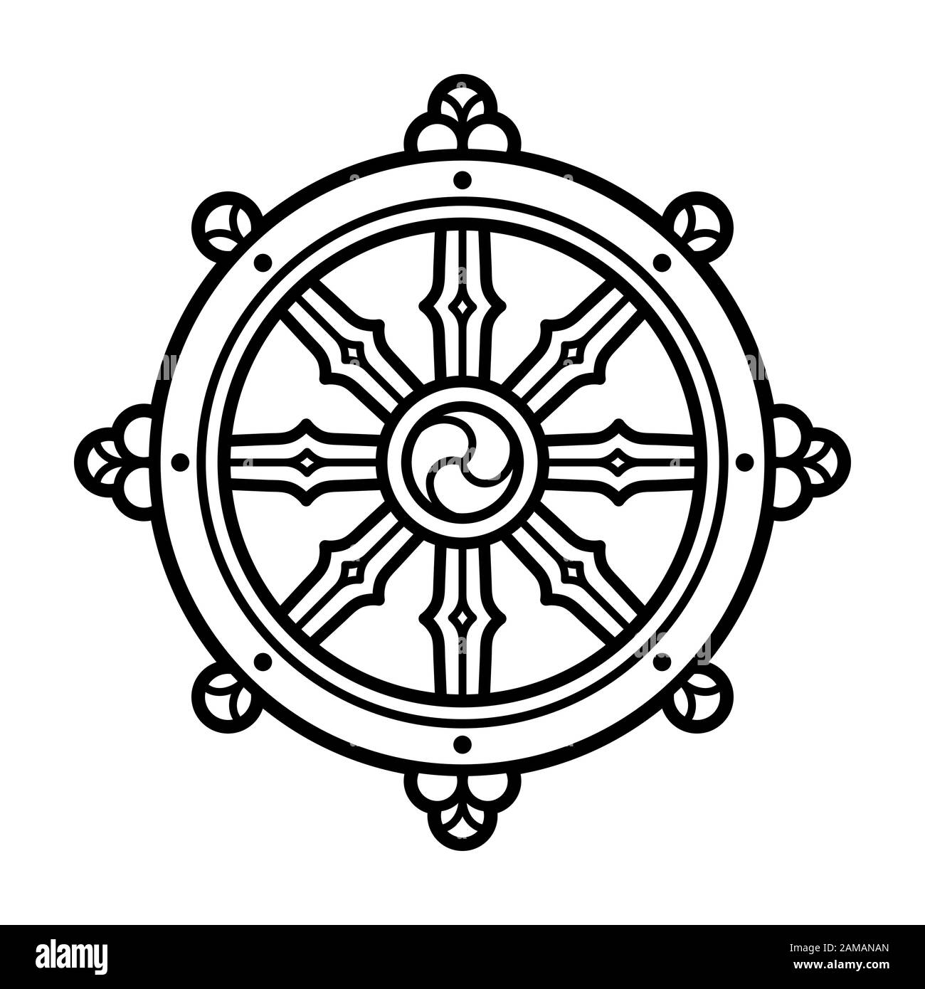 Dharmachakra (Dharma-Rad) Symbol im Buddhismus. Schwarz-weißes Strichsymbol, Tätowierdesign. Isolierte Grafik für Vektorclips. Stock Vektor