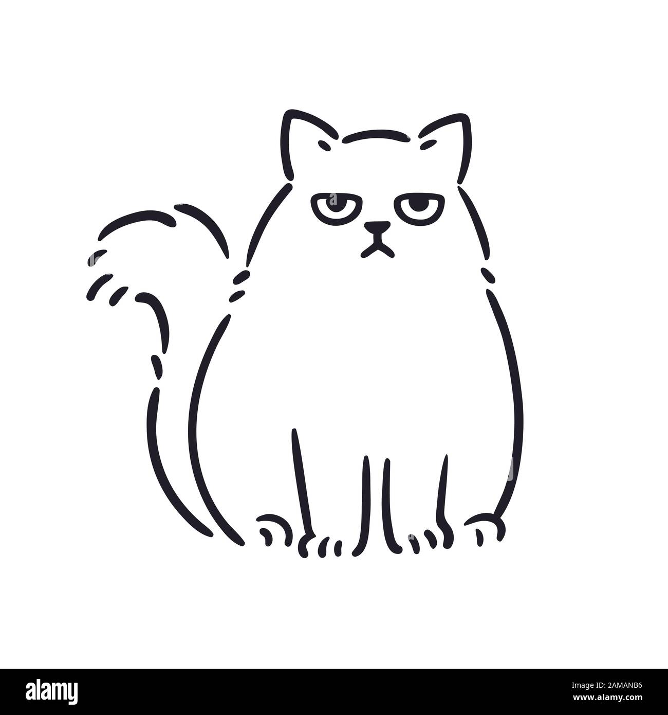Cartoon-Zeichnung von mürrisch aussehender fetter Katze. Witzig ärgerte weiße Perserkatze, handgezeichnete Skizze. Isolierte Grafik für Vektorclips. Stock Vektor