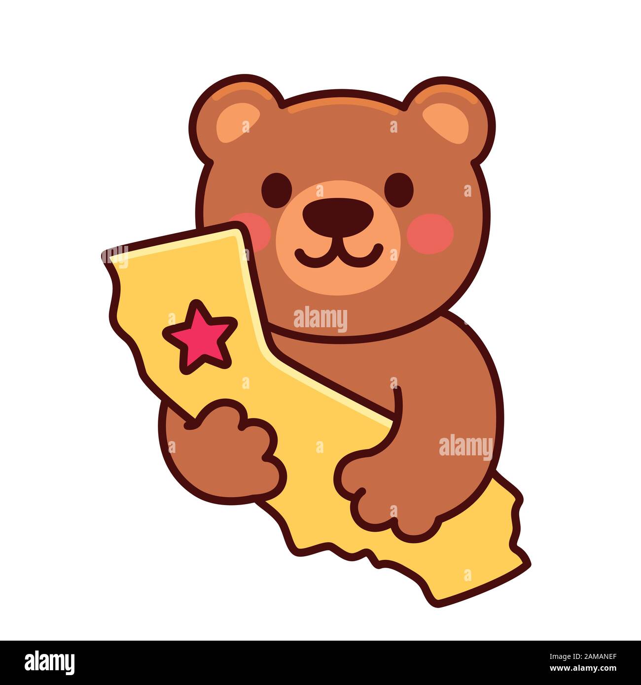 Süßer Zeichentrickbär, der kalifornische Form mit rotem Stern hält. Zeichnung des Tiermaskottchens. Isolierte Grafik für Vektorclips. Stock Vektor