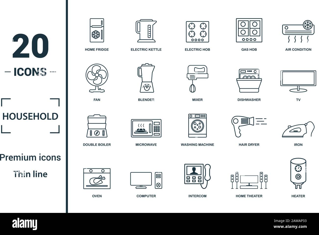Haushalt Icon Set. Kreative Elemente home Kühlschrank, Elektroherd,  Ventilator, Spülmaschine, Doppel-kessel-Symbole. Kann für den Bericht  verwendet, Präsentation Stock-Vektorgrafik - Alamy