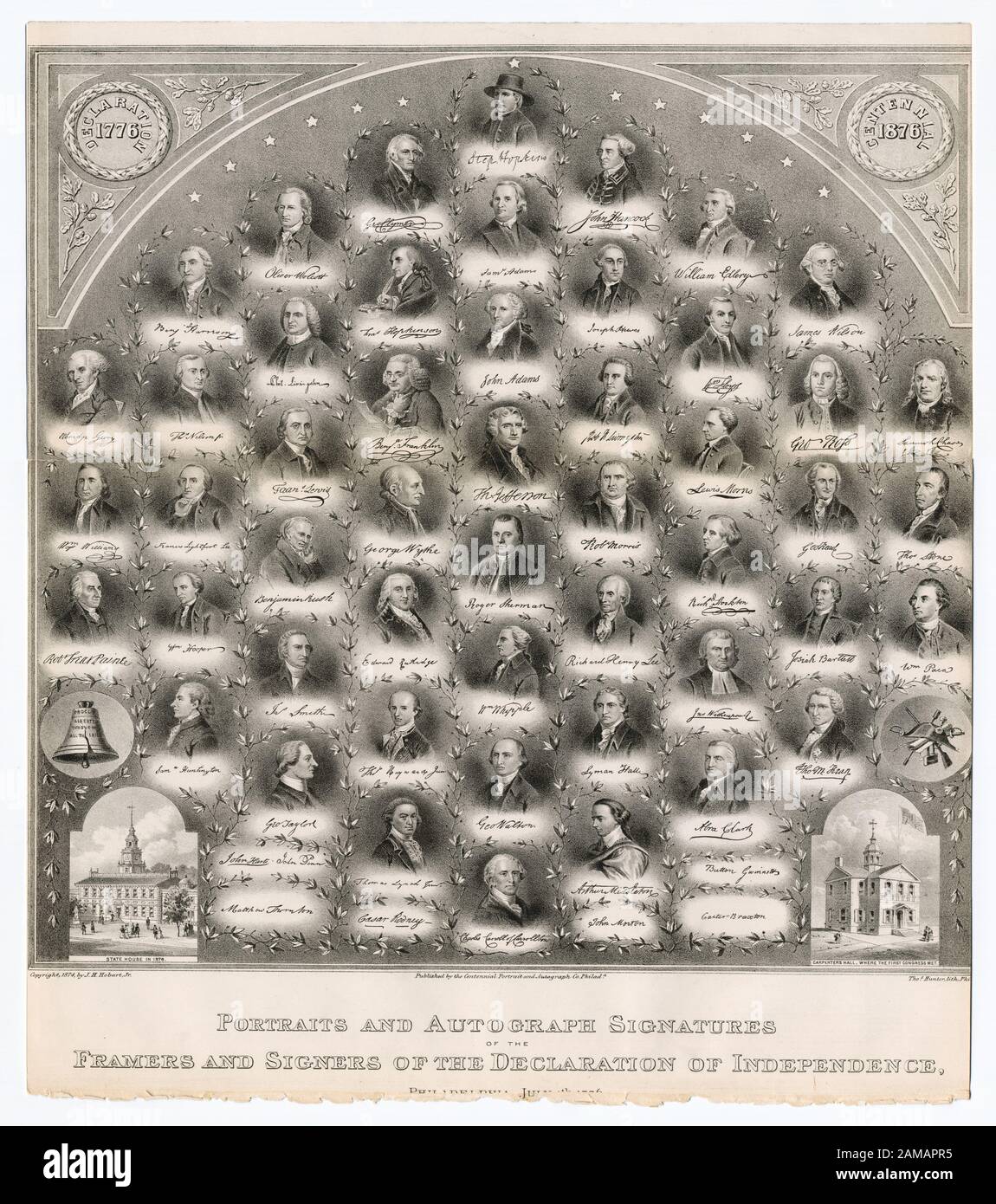 Porträts und Autogrammunterschriften der Framers und Signierer der Unabhängigkeitserklärung, Philadelphia, 4. Juli 1776, EM-1776 Copyright von J.H. Hobart, Jr.; lithograph von Thomas Hunter, Philadelphia.; Porträts und Autogrammunterschriften der Framers und Signierer der Unabhängigkeitserklärung, Philadelphia, 4. Juli 1776. Stockfoto