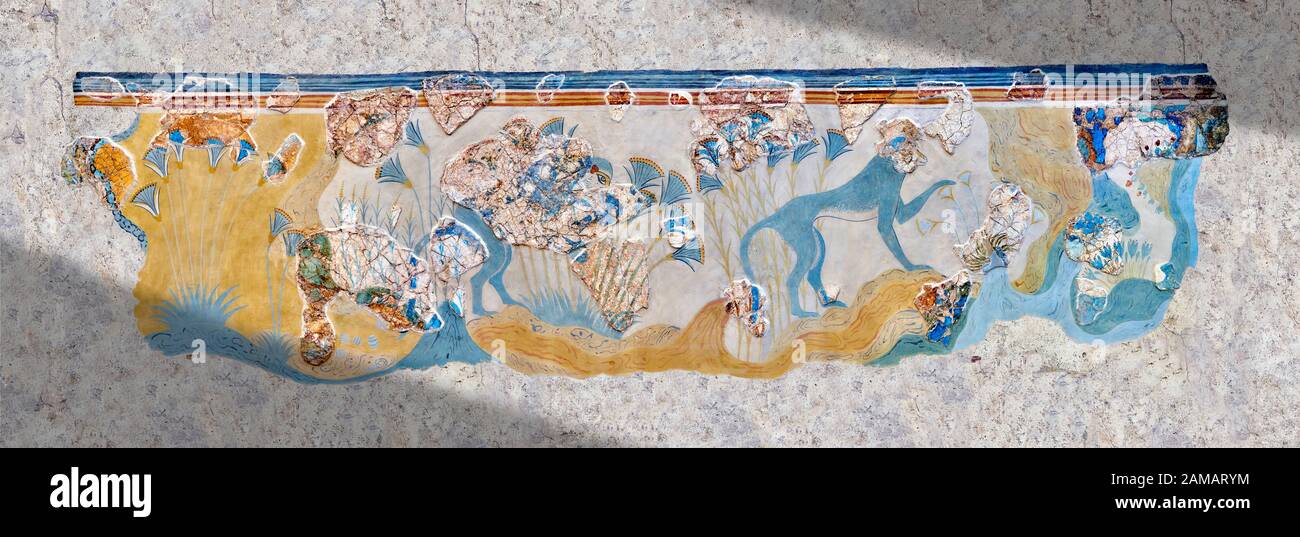Minoische Wandkunst mit der Darstellung "Blauer Affen" aus dem Knossos-Palast, 1700-1450 v. Chr. Archäologisches Museum Heraklion. Stockfoto