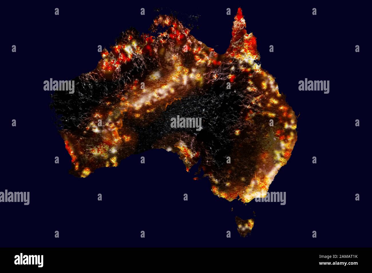 Karte von Australien Wildbrände aus dem All, Künstlerische Darstellung von 2019 2020-Daten, Form des Kontinents vom NASA-Satellitenfoto. Stockfoto