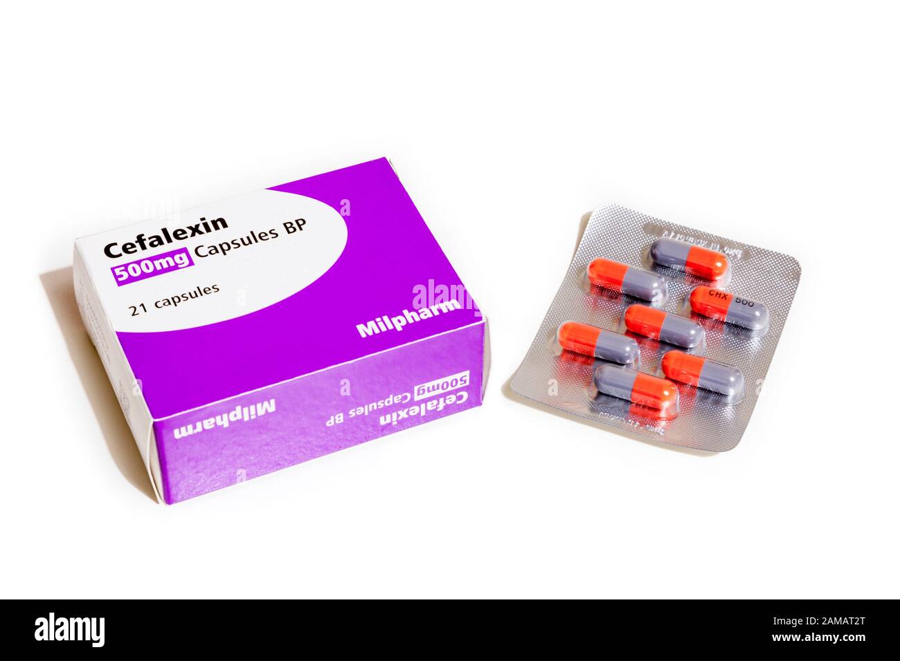 Antibiotische Pillen. Packung mit Cefalexin 500 mg Kapseln Stockfoto