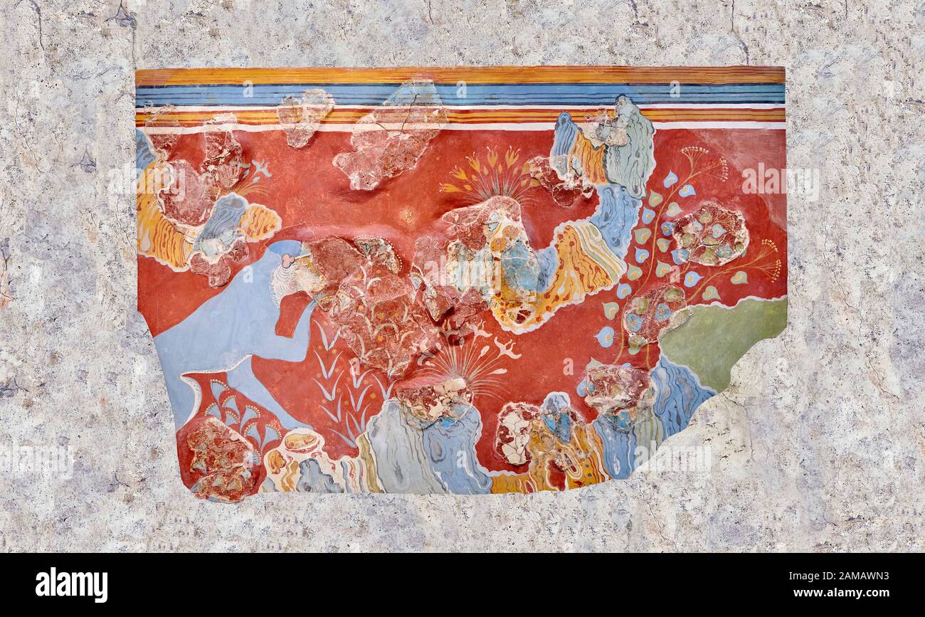 Minoischer "Blauer Affe" Wandkunstfresko aus dem Knossos-Palast des Hauses Der Fresken, 1600-1500 v. Chr. Archäologisches Museum Heraklion. Stockfoto