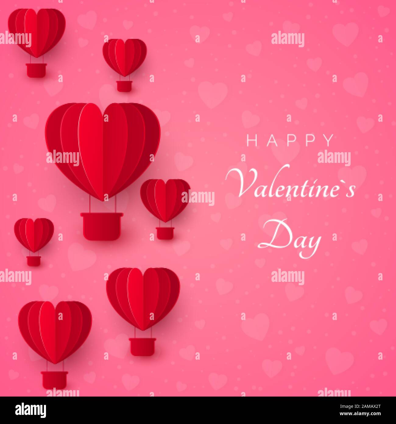 Valentinstag Grußkarte mit Papier geschnitten roter Herzform Ballon auf rosa Hintergrund mit Herzen fliegen. Vektorgrafiken Stock Vektor