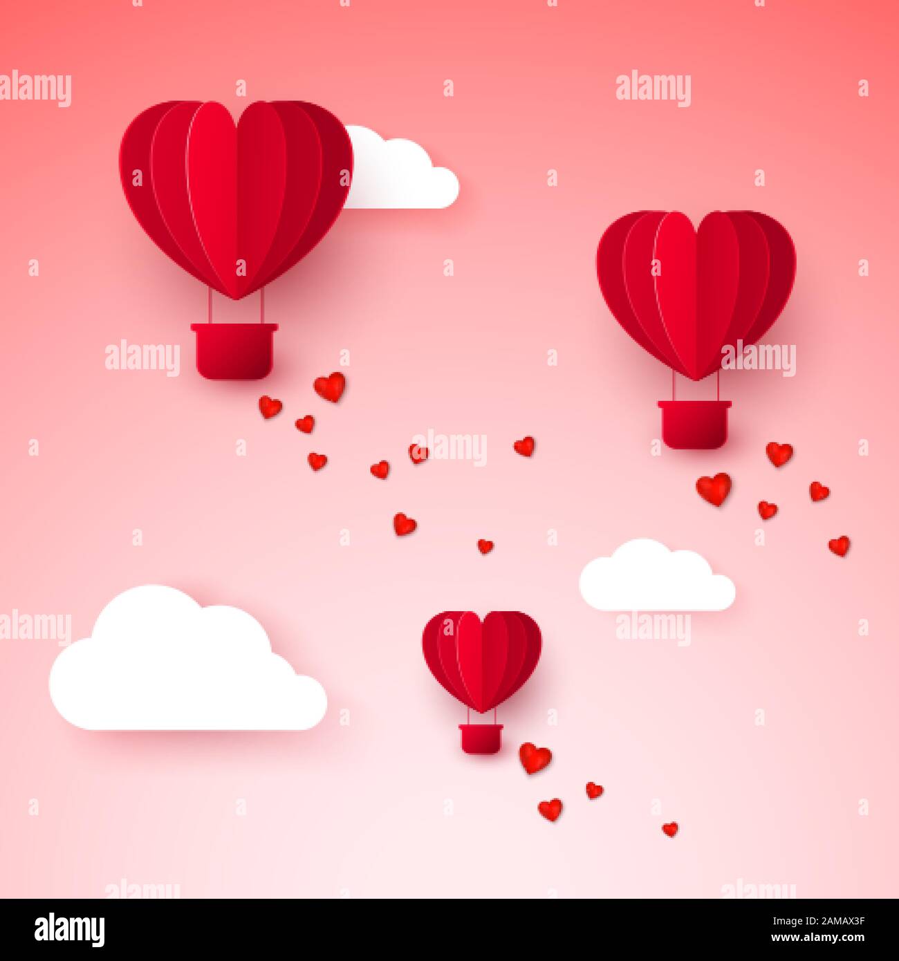Valentinstag mit Papier geschnitten roter, herzförmiger Luftballon. Der Ballon fliegt und hinterlässt eine Spur mit Herzen auf rosa Hintergrund. Vektorgrafiken Stock Vektor