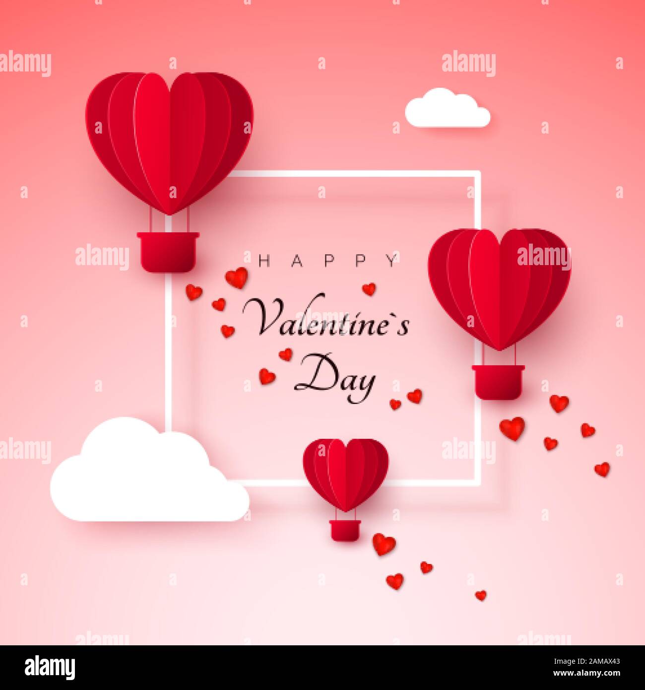 Valentinstag Grußkarte mit Papier geschnitten roten Herzform Luftballons fliegen. Luftballons fliegen und verlassen eine Spur mit Herzschmuck. Frohes Valentia Stock Vektor