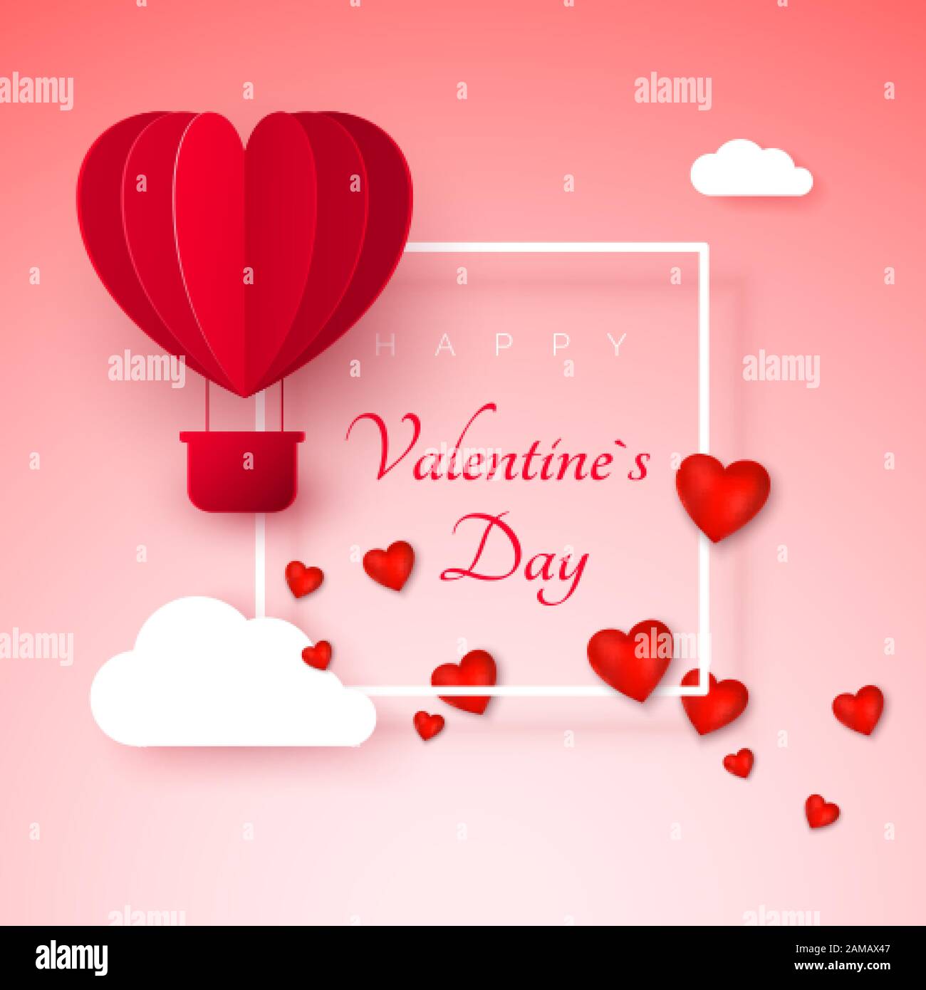 Valentinstag Grußkarte mit Papier geschnitten roter Herzform Ballon fliegen. Ballon fliegt und hinterlässt eine Spur mit Herzschmuck. Alles Gute Zum Valentinstag Stock Vektor