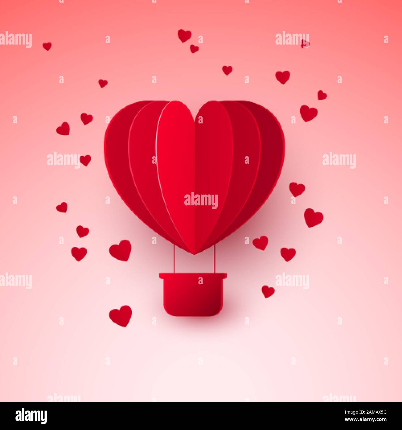 Valentinstag mit Papier geschnitten roter, herzförmiger Luftballon. Ballon fliegt und hinterlässt eine Spur mit Herzen. Vektorgrafiken Stock Vektor