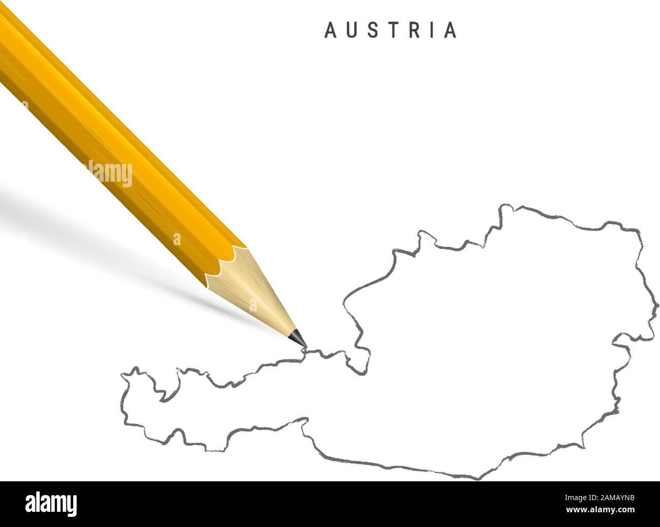Skizzenkontur für Österreich isoliert auf weißem Hintergrund. Leere, handgezeichnete Vektorkarte Österreichs. Realistischer 3D-Bleistift mit weichem Schatten. Stock Vektor