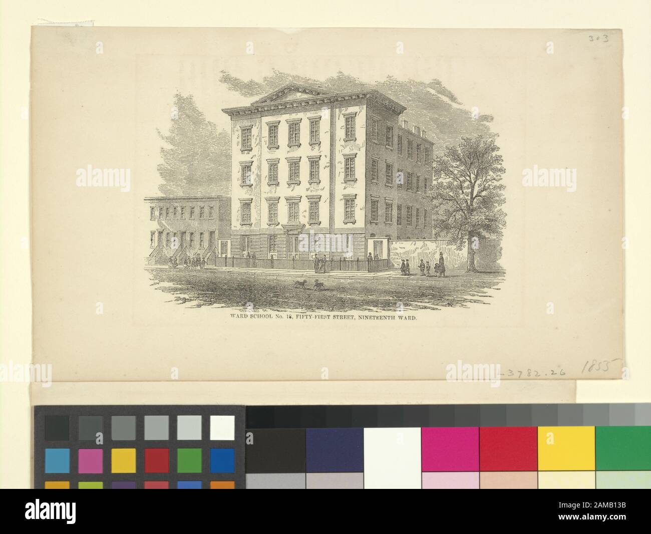 Public Schools Ward School Nr. 18, Fifty-First Street, Neunzehnter Bezirk Im Bleistift von 1855 markiert. Zitat/Referenz: ENO 303 (1) Datum aus dem Weitenkampf dargestellt. Der Ordner enthält eine zweite Kopie, wobei der Grundriss auf der Rückseite steht. Holzstiche von W. Howland, einige tragen W. Mombergers Namen als Künstler.; öffentliche Schulen. Ward School Nr. 18, Fifty-First Street, Neunzehnten Bezirk. Stockfoto