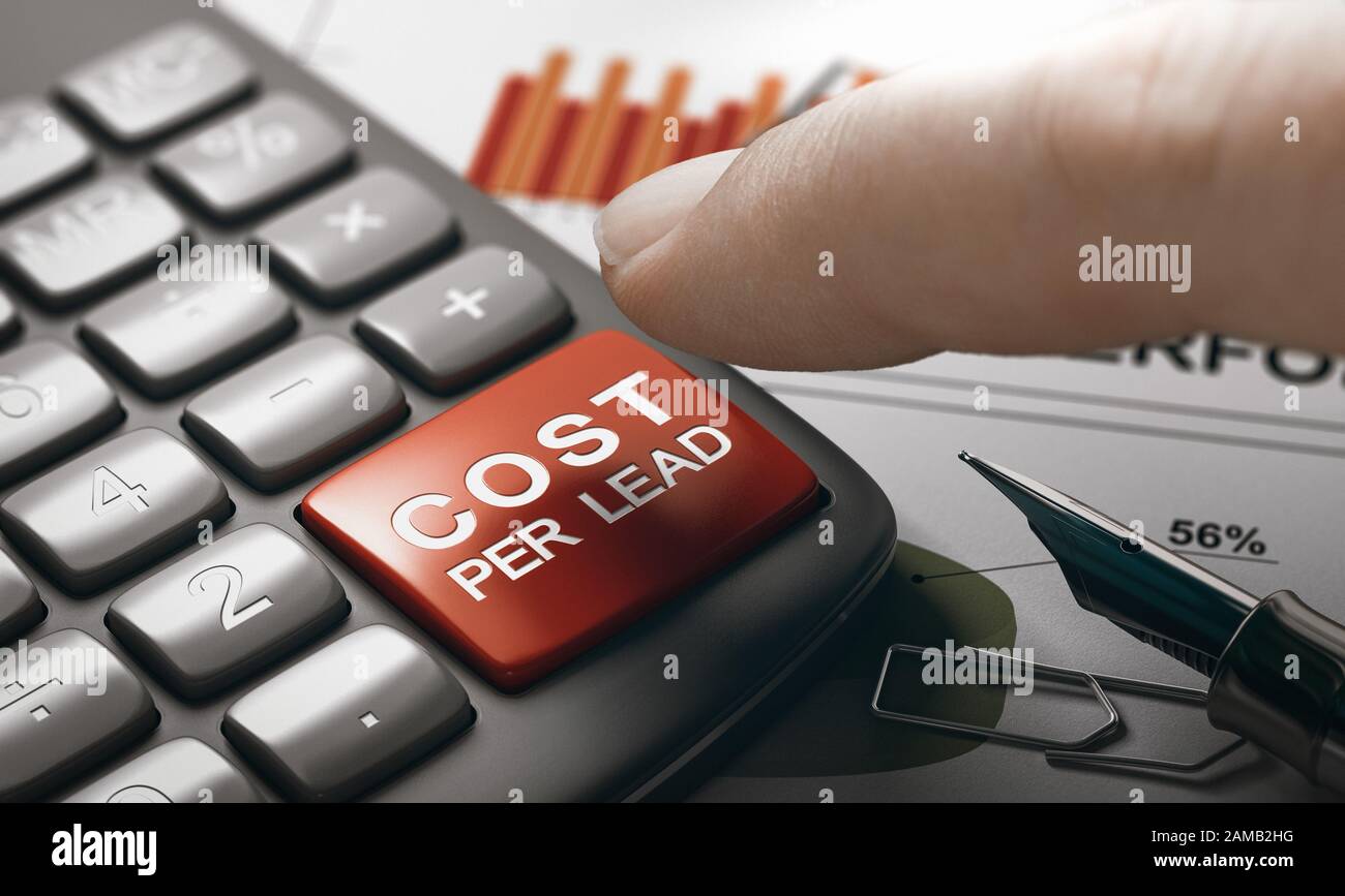 Drücken Sie kurz eine Rechnertaste mit den Textkosten pro Lead. Budgetkonzept für Online-Marketing-Kampagnen. Zusammengesetztes Bild zwischen einem Handfotograf Stockfoto