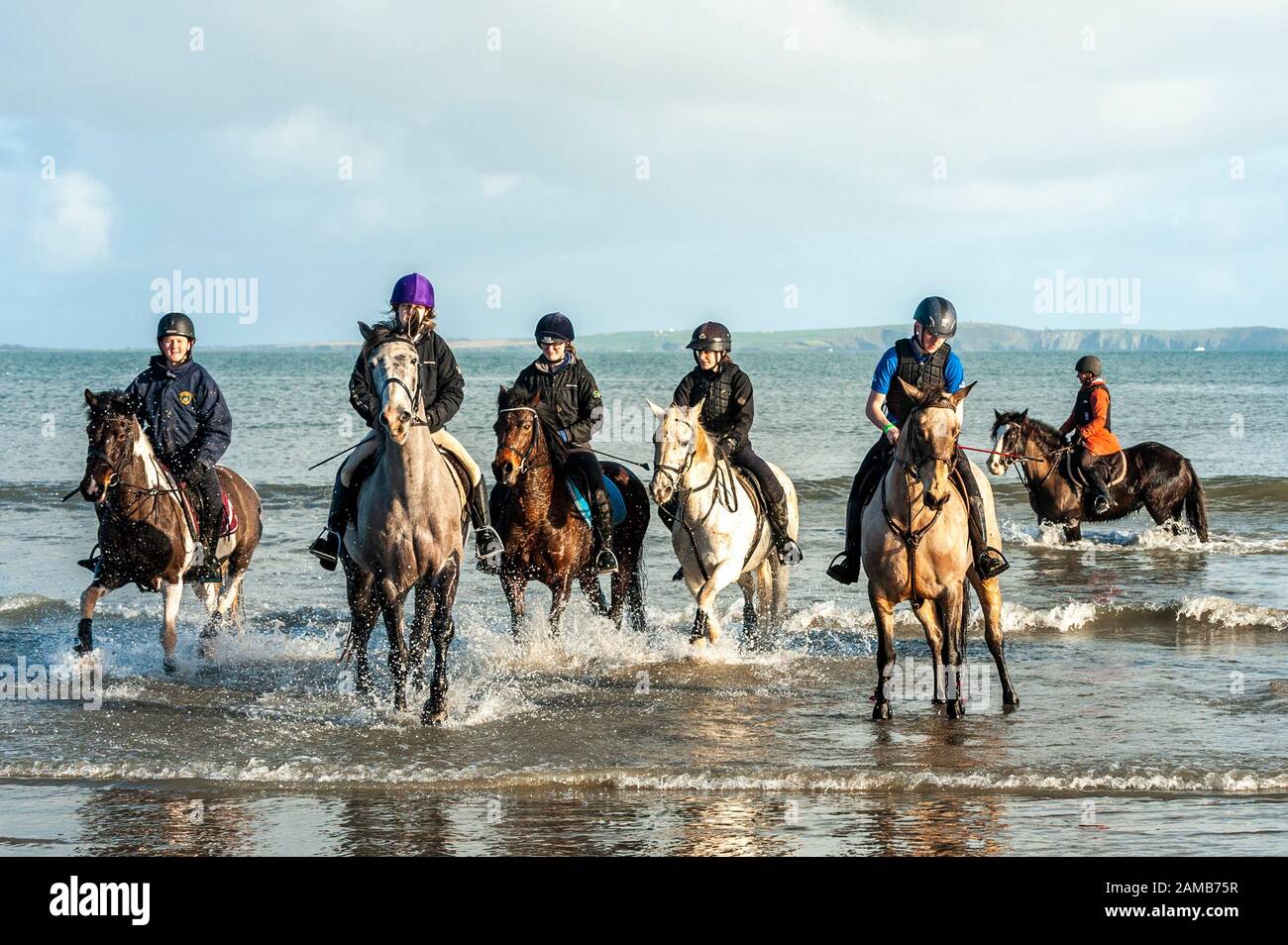 Butlerstown, West Cork, Irland. Januar 2020. Die jährliche Carberry Hunt Butlerstown Fun Ride fand heute mit Hunderten von Pferden und Reitern statt. Die Pferde haben Spaß am Strand von Broadstrand. Kredit: Andy Gibson/Alamy Live News Stockfoto