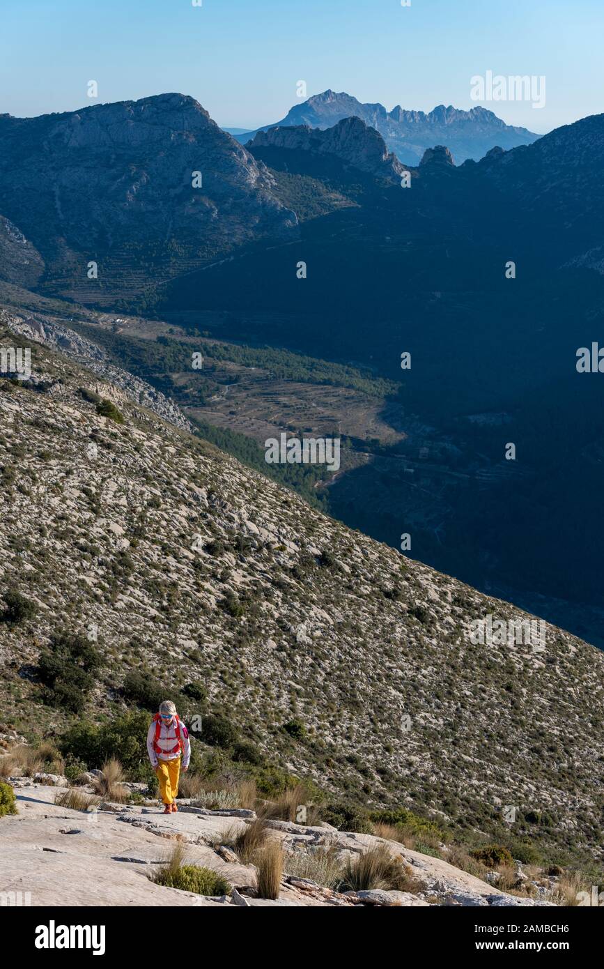 Frauen wandern auf dem ridgecrest hinauf auf den Hügel, den Berg El Divino, die Provinz Alicante, Costa Blanca, Spanien Stockfoto