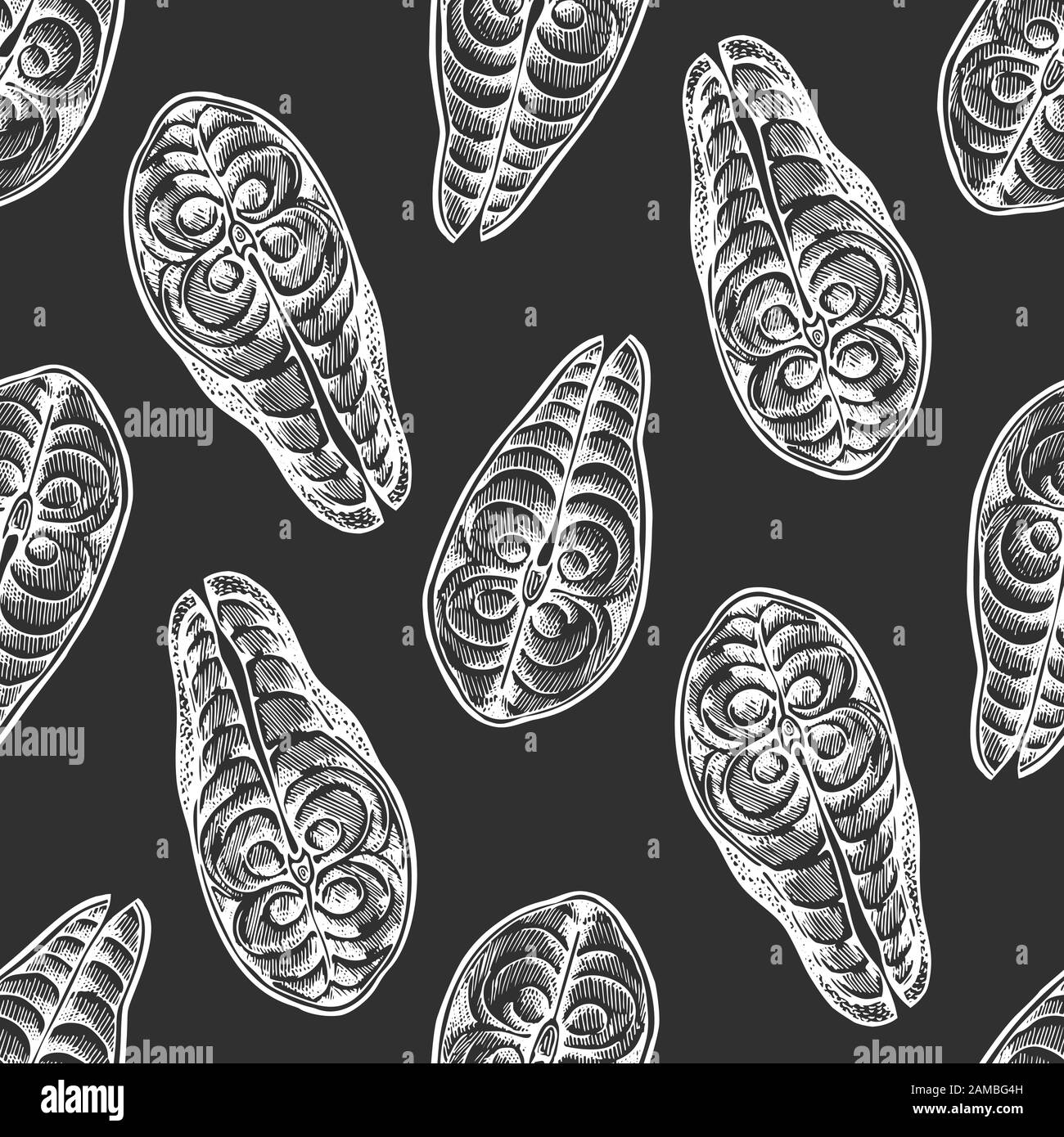 Fisch steaks nahtloses Muster. Handgezeichneter Vektor Seafood Illustration auf Kreideplatte. Eingravierte Lebensmittel. Retro-Stück Lachs- oder Forellenhintergrund Stock Vektor