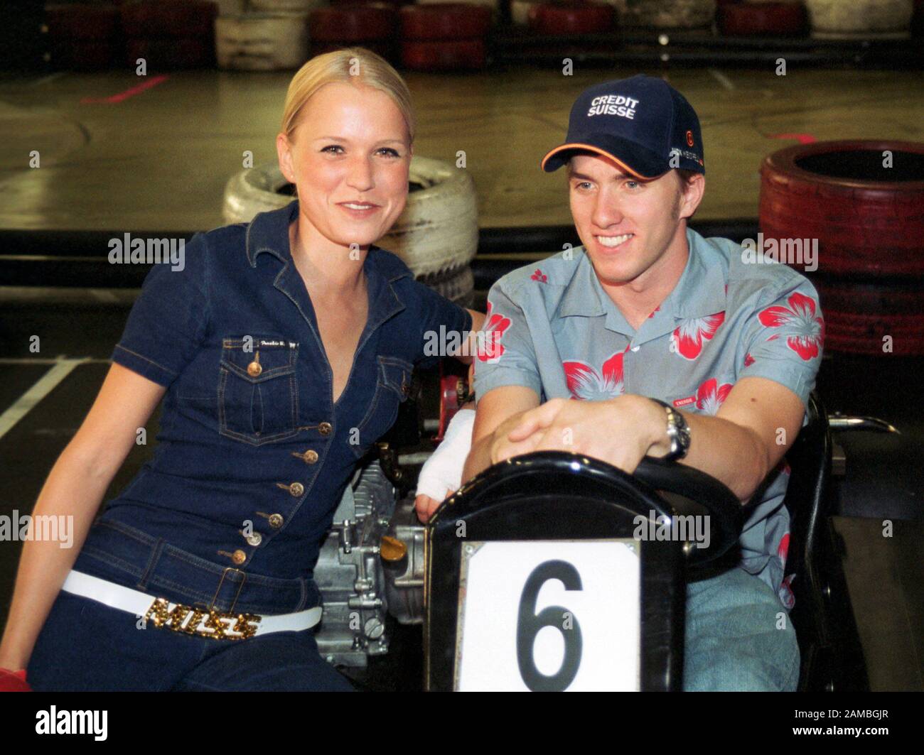 Kartomania, Köln Deutschland, 22.06.2001 Premiere World TV Event 22.6.2001; TV-Ansager Nova Meierhenrich, Formel-1-Fahrer Nick HEIDFELD Stockfoto