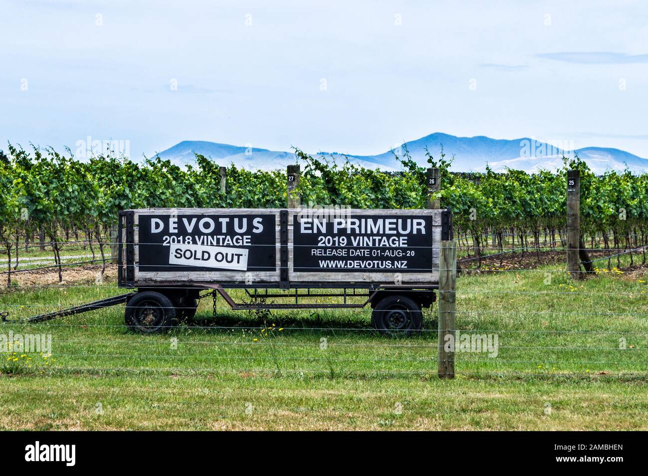 Hinweisschild für Devotus Weinberg, "Devoted to Pinot Noir", Martinborough, Wairarapa, Neuseeland Stockfoto