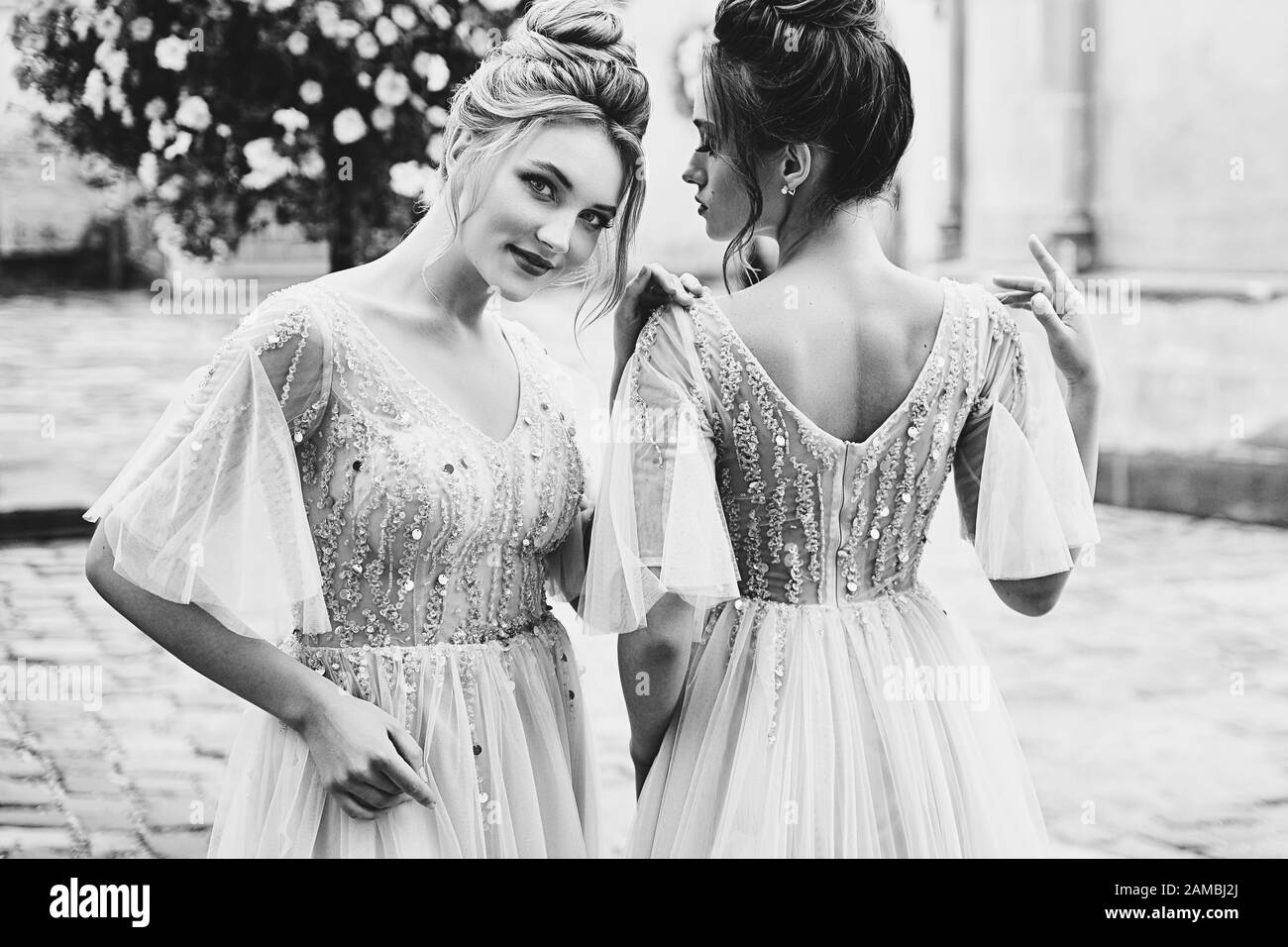 Zwei schöne Brautjungfern Damen in prächtigen eleganten, eleganten, hellgrauen silbernen Bodenlängen offene Hinterkleider in der alten schönen europäischen Stadt auf einem Stockfoto