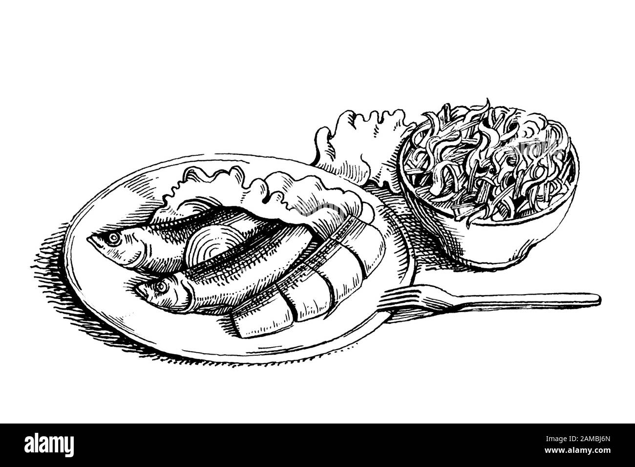 Hering und Salat auf dem Tisch Stockfoto