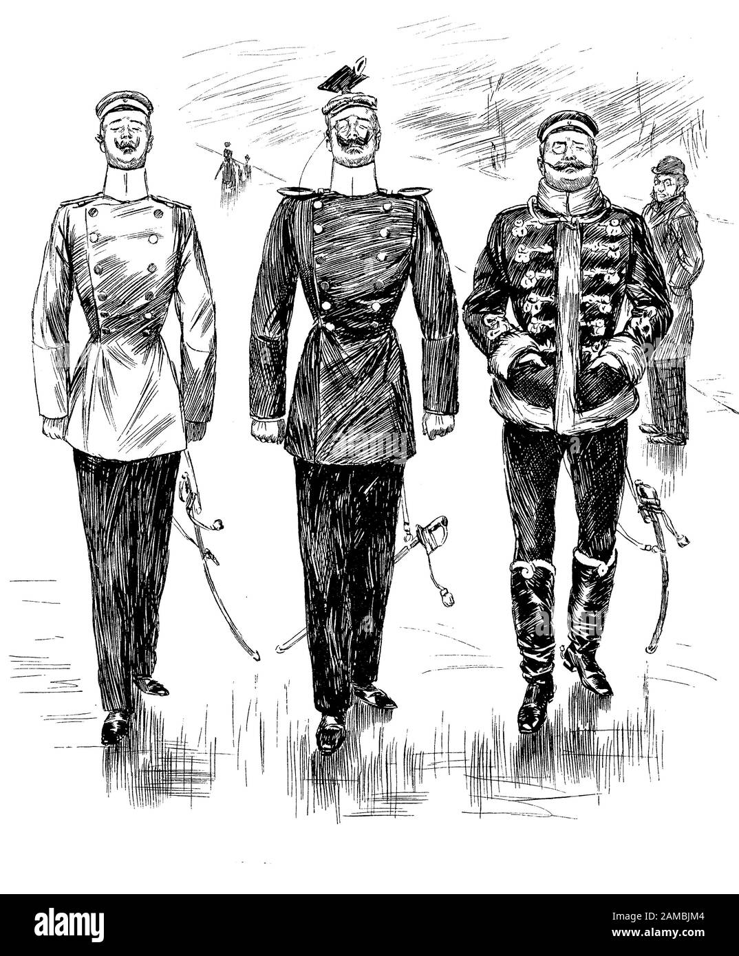 Deutsche Satirezeitschrift, drei stolze Offiziere stechen mit ihren eleganten Uniformen, gewachsten Schnurrbart, Schwert und Monokle herum Stockfoto
