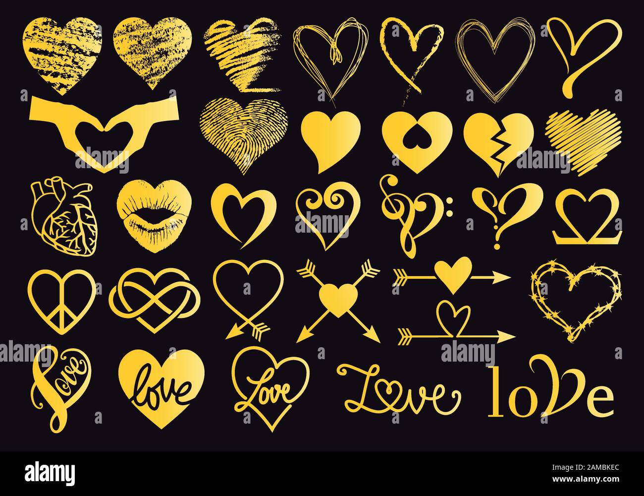 Goldene handgezeichnete Herzen, Satz von Vektorgrafik-Designelementen für Valentinskarte, Hochzeitseinladung Stock Vektor