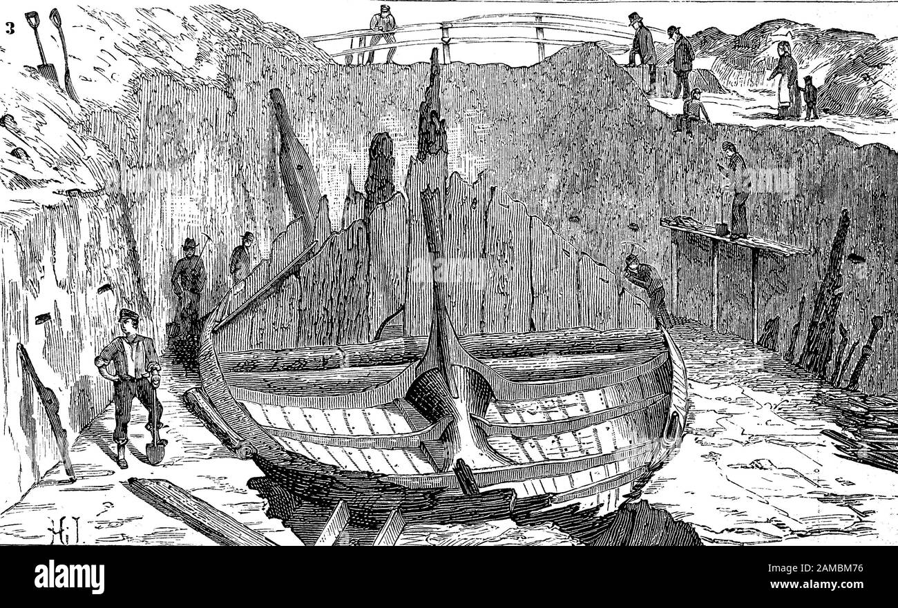 Das Schiff Gokstad ist ein Wikingerschiff aus dem 9. Jahrhundert, das in einem Grabhügel in Gokstad in Sandar, Sandefjord, Vestfold, Norwegen/das Gokstad-Schiff in einem Wikingerschiff aus dem 9. Jahrhundert gefunden wurde. Jahrhundert, das in einem Grabhügel in Gokstad in Sandar, Sandefjord, Vestfold, Norwegen, gefundliche wurde, historisch, digital verbesserte Wiedergabe eines Originals aus dem 19. Jahrhundert / Digitale Produktion einer Originalanlage aus dem 19. Jahrhuntert, Stockfoto