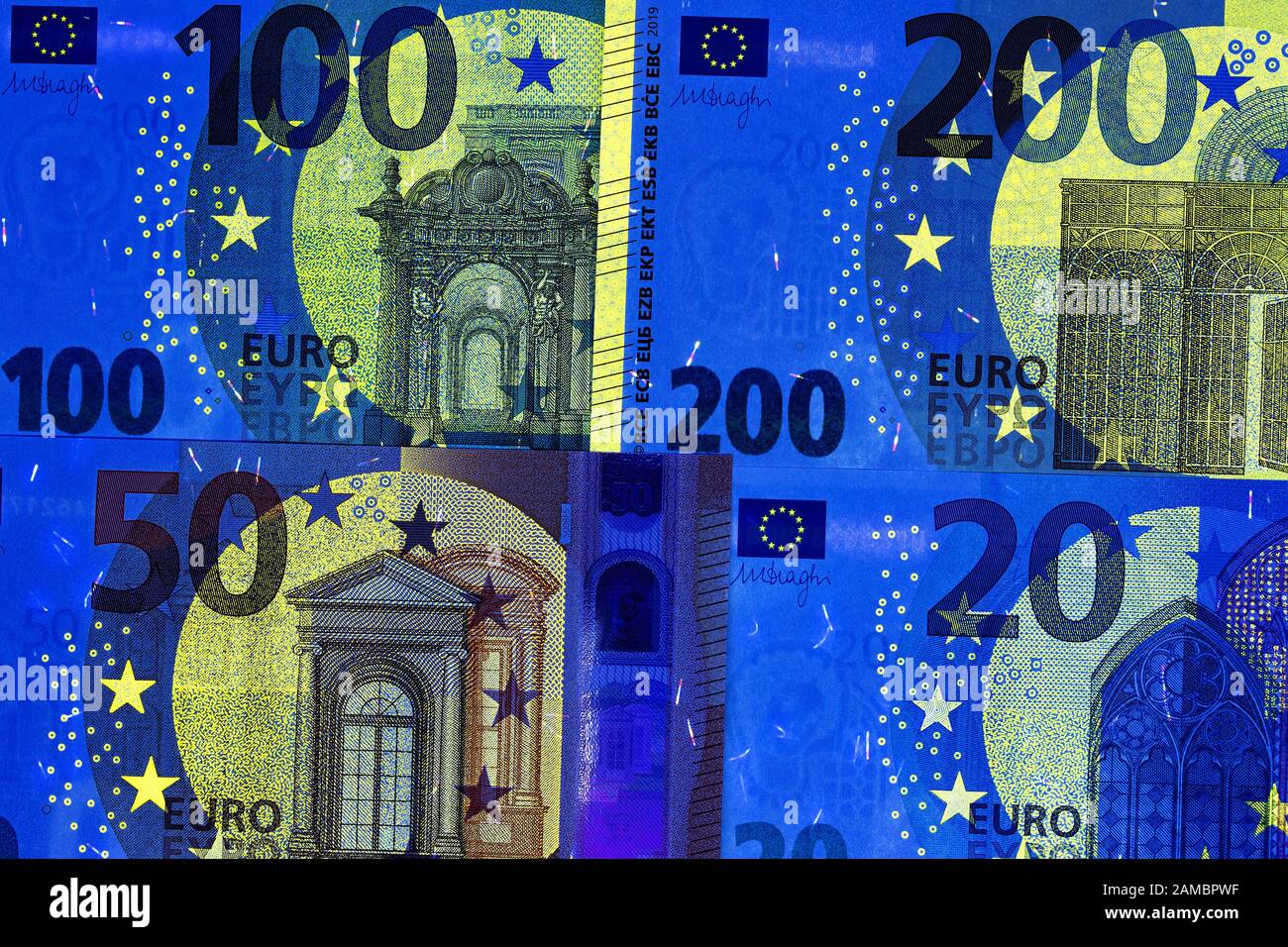 Europäisches Geld in UV-Strahlen, eine neue Serie von Banknoten Stockfoto