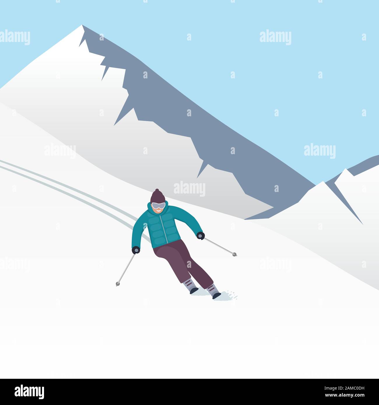 Winter-Berglandschaft mit Skifahrern, Rennen am Hang hinunter. Banner für Wintersporturlaub. Vektorgrafiken Stock Vektor