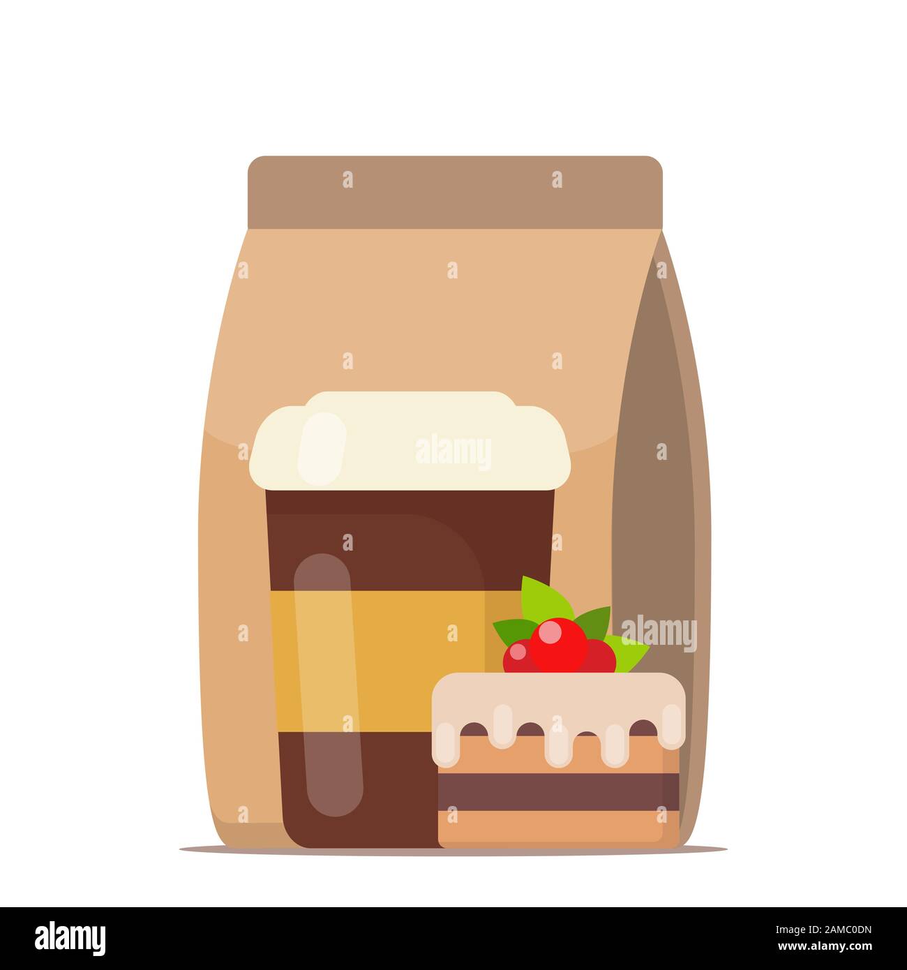 Kaffee zum gehen und Kuchen. Fast Food, Kaffee zum gehen, Frühstück. Vektorgrafiken in flacher Ausführung Stock Vektor