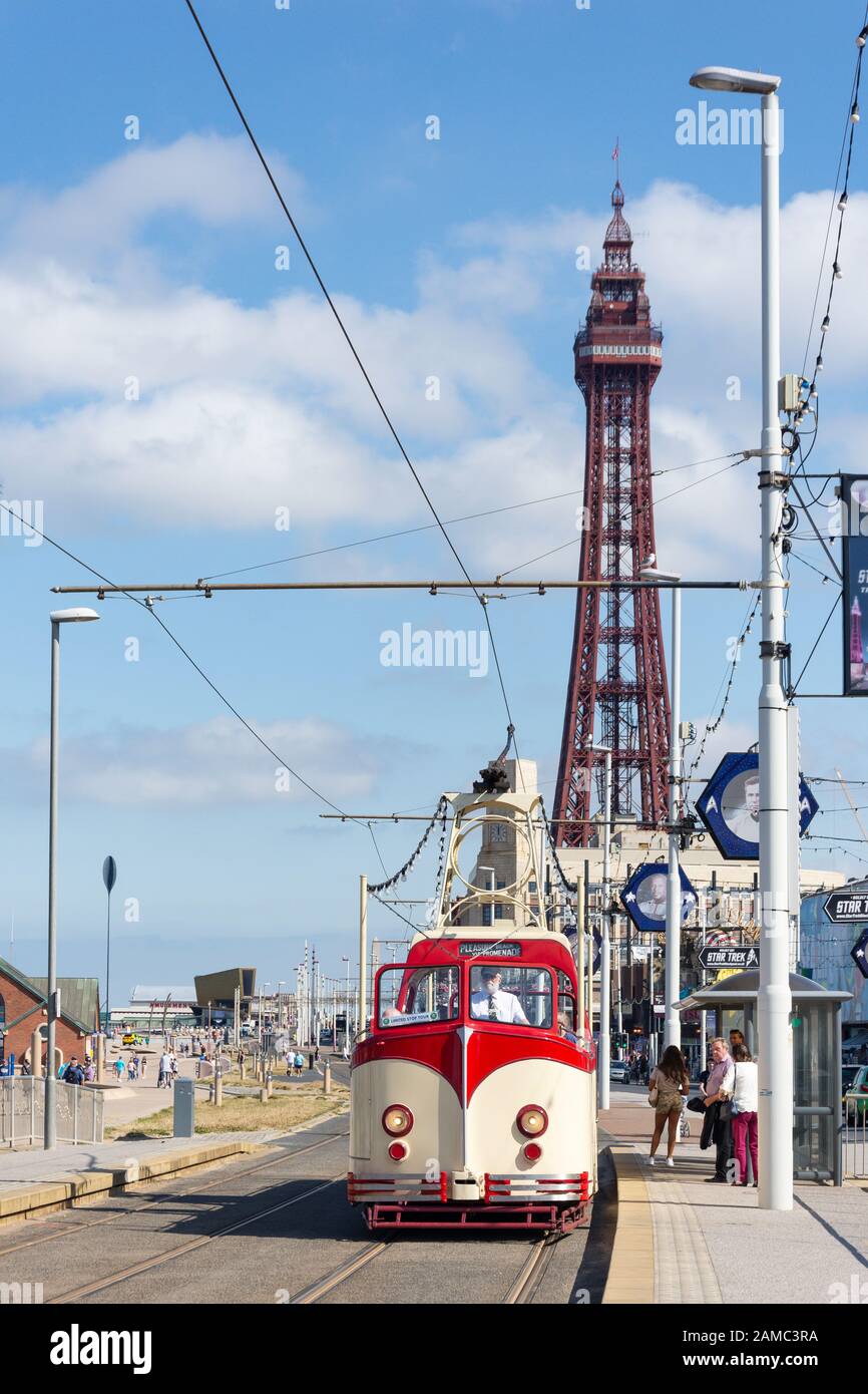 Heritage Boat Car, das sich der Straßenbahnhaltestelle, dem Ocean Boulevard, der Promenade, Blackpool, Lancashire, England, Großbritannien nähert Stockfoto