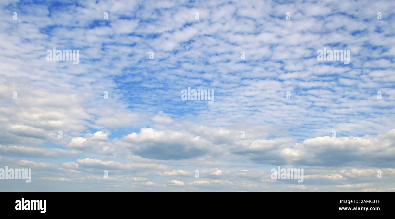 Helle cumulus-wolken am blauen Himmel. Breites Bild. Stockfoto