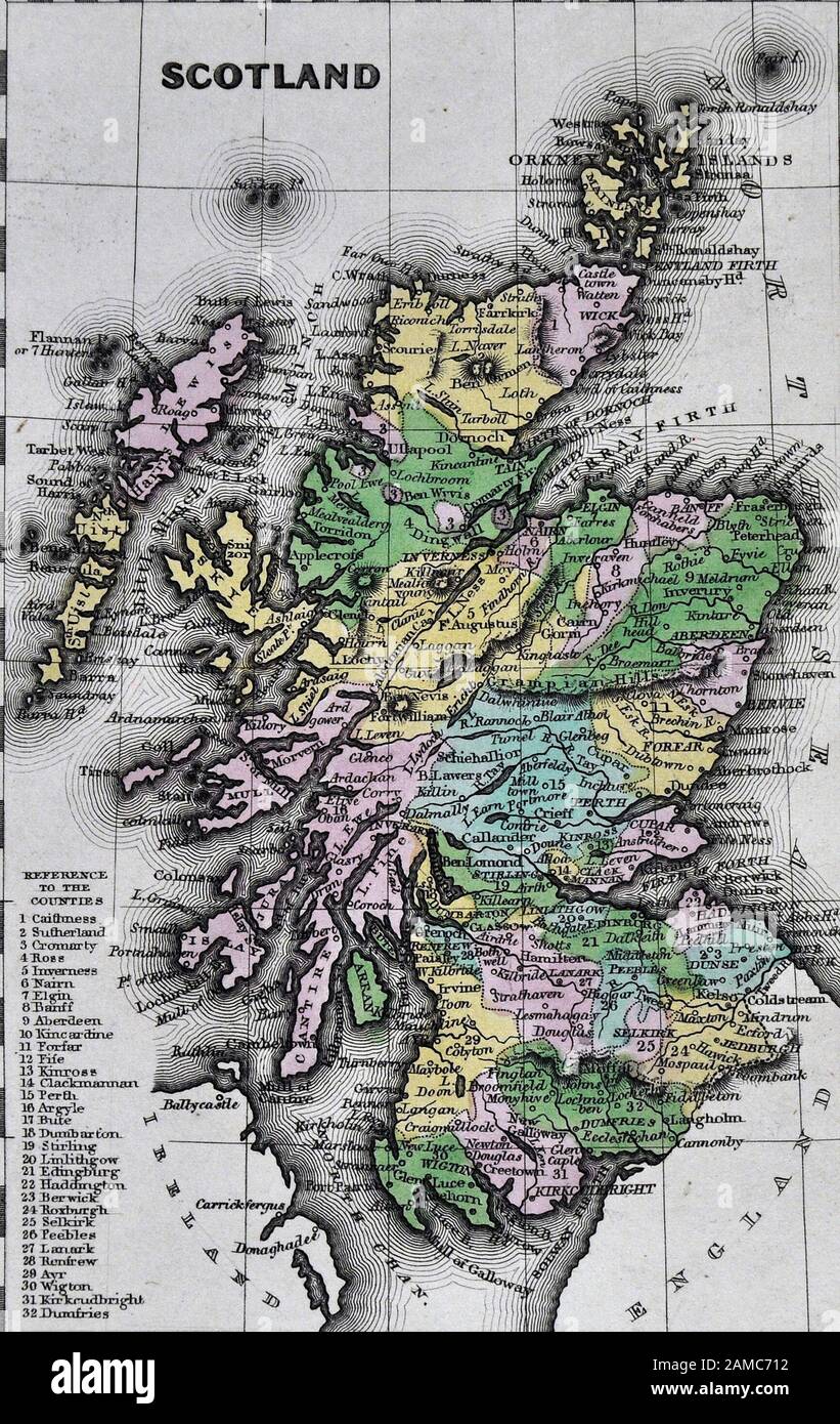 1834 Carey Karte Schottland Edinburgh Glasgow Loch Ness Inverness Orkney Inseln Stockfoto