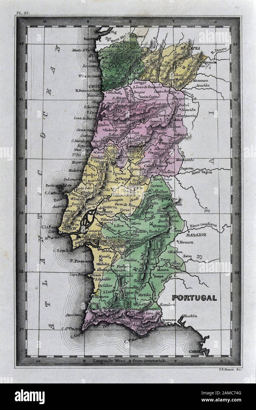 1834 Carey Karte von Portugal Lissabon Porto Braga Algarve Stockfoto